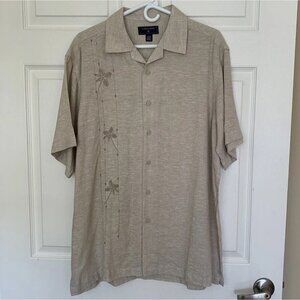 Saddlebred Men’s Size Large Khaki Linen Rayon Palm Trees Short Sleeve Shirt